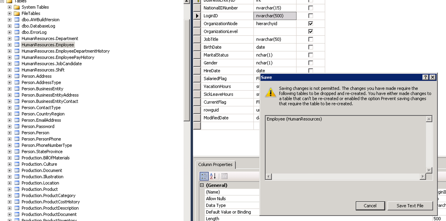 sql server management studio saving changes is not permitted