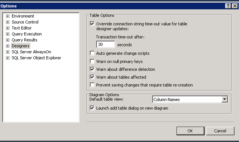 sql server management studio saving changes is not permitted